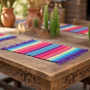 Vintage Hand Woven Mexican Placemats-Set of 8-Colorful Striped Boho Table Linens
